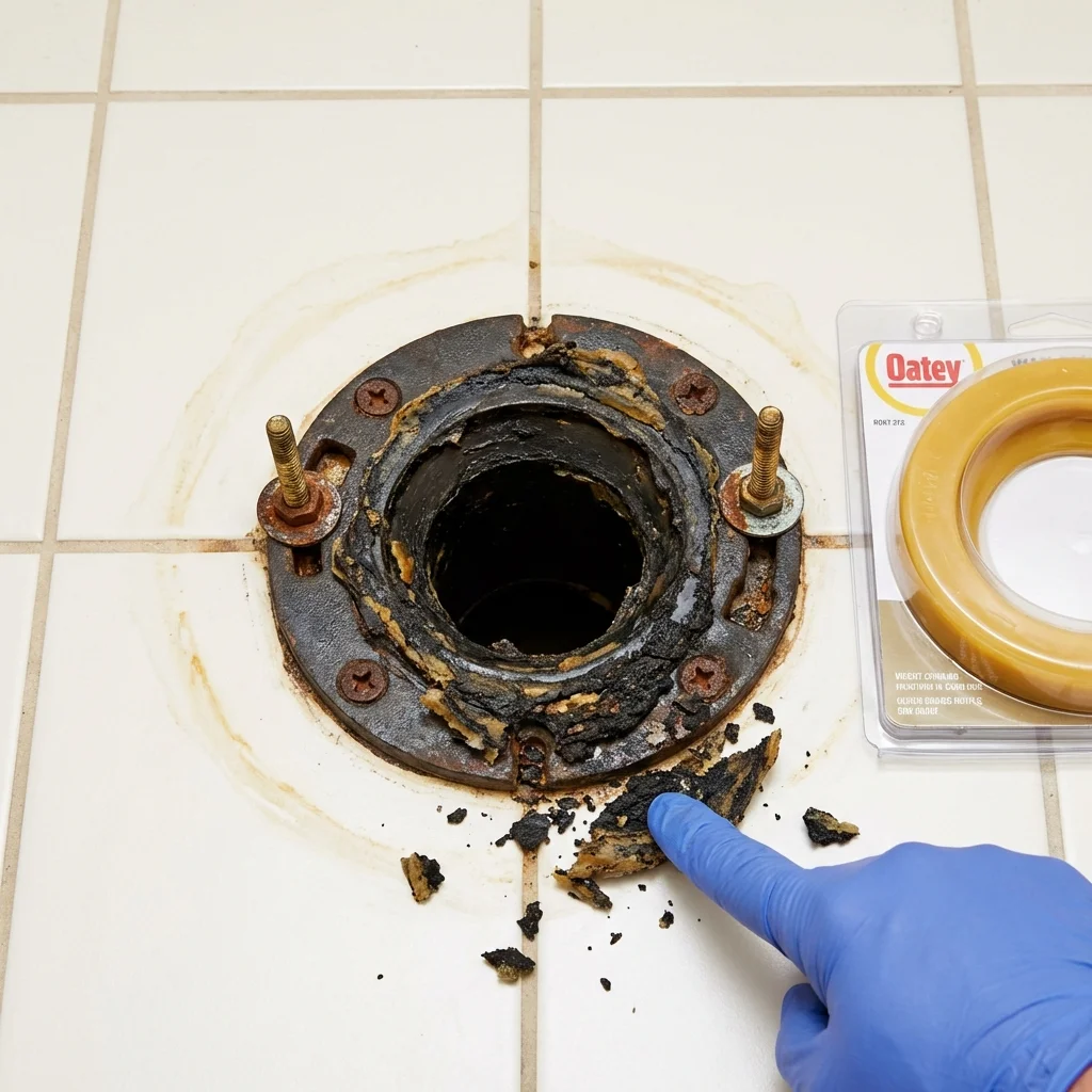 Failed wax ring showing water seepage at the base of a toilet in a Mason City, IL home
