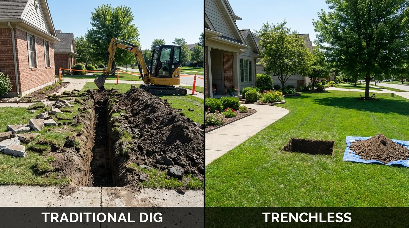Trenchless sewer repair with minimal yard damage versus traditional excavation in Mason City, IL