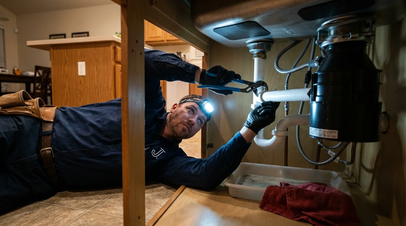 P-trap and supply line connections under a kitchen sink showing a common leak point in Mason City, IL